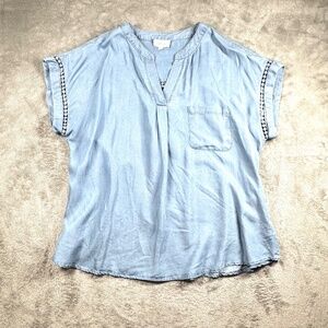 Flower & Feather Chambray Lyocell Top Blue Short Sleeve 2XL